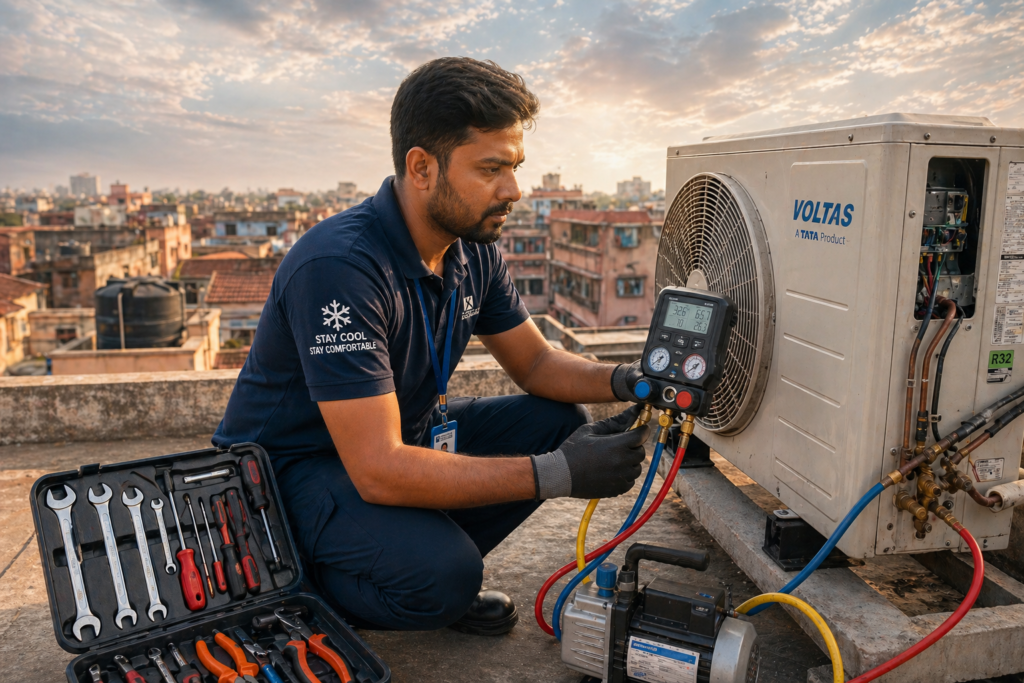 AC repair in Kolkata emergency situation showing water leakage and frost damage on a split AC indoor unit