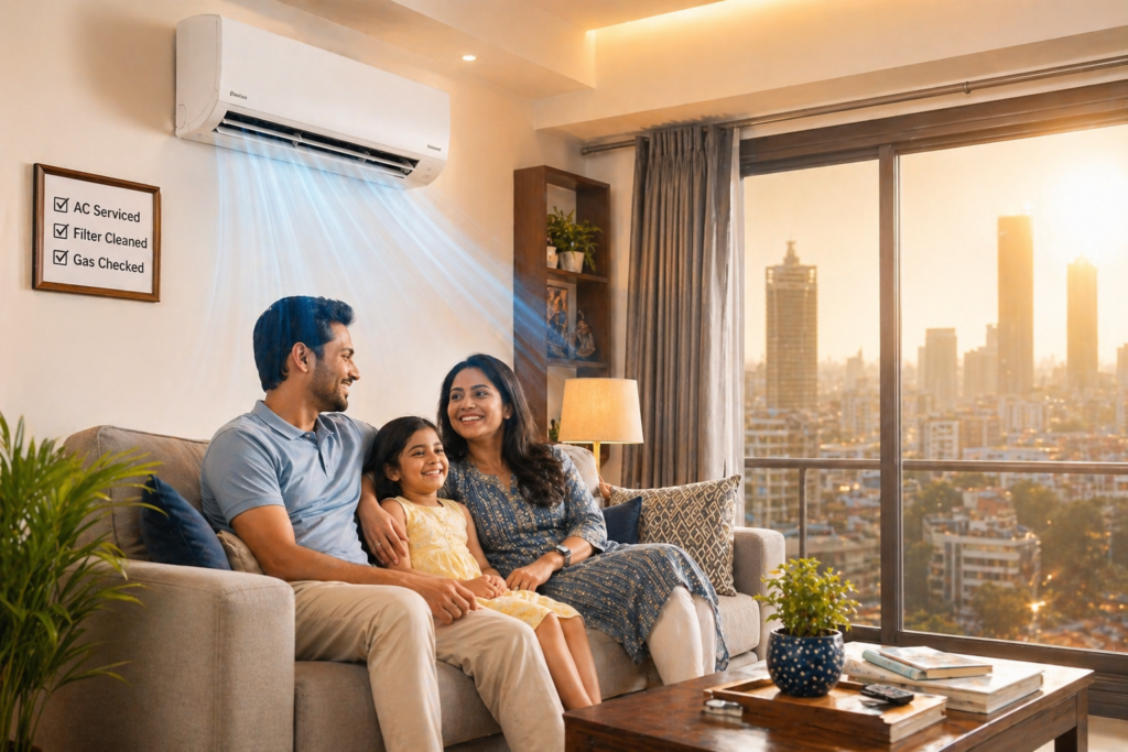 Happy Kolkata family enjoying cool comfort after trusted AC repair in Kolkata service by One Point Solution