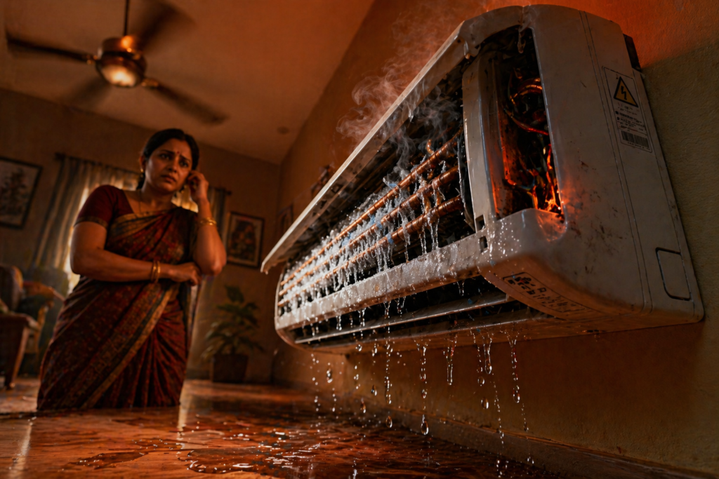 AC repair in Kolkata emergency situation showing water leakage and frost damage on a split AC indoor unit