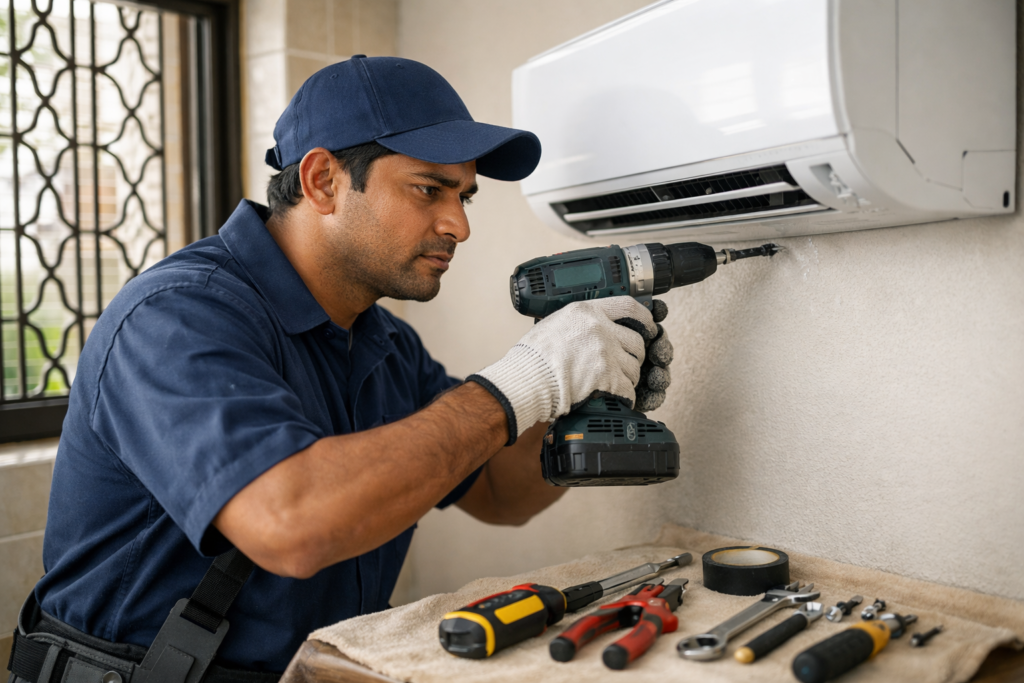 Air Conditioner on Rent in Kolkata - Professional AC technician installing split AC