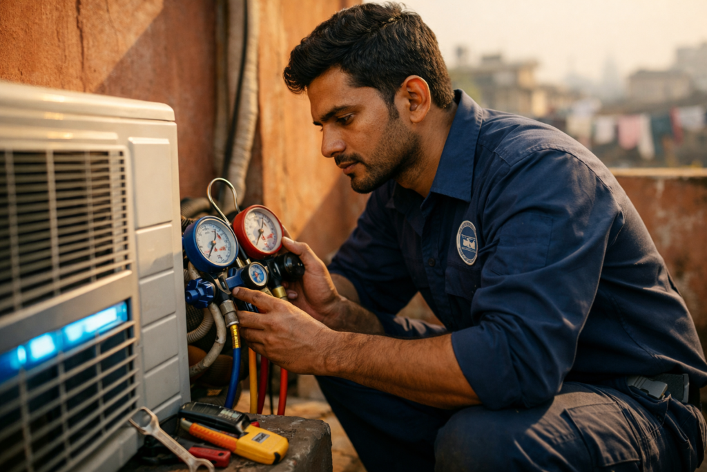 air conditioning repair technician checking refrigerant pressure on split AC outdoor unit in Kolkata.