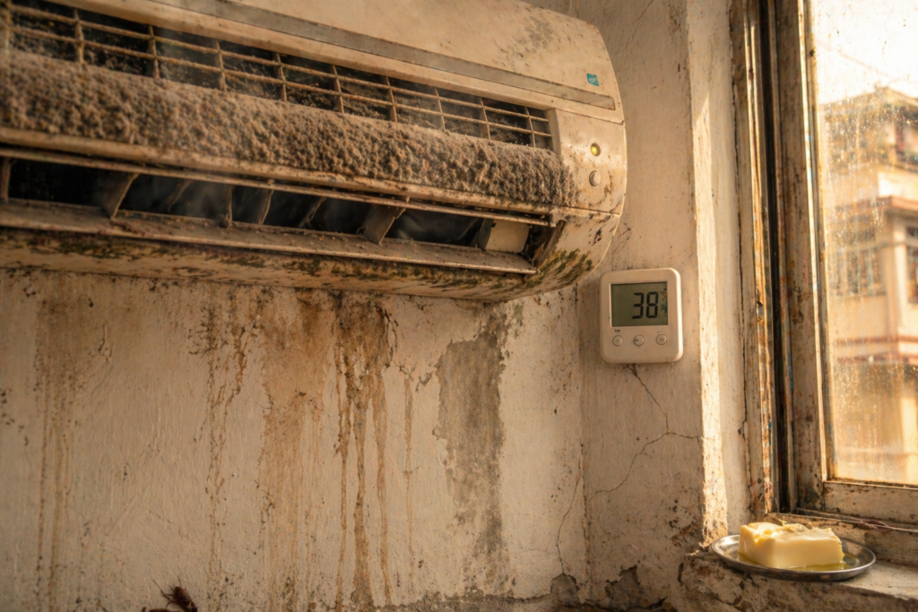 AC repairs cost in Kolkata -- close up of dusty neglected split AC unit with water damage and mold showing why timely AC repair cannot be delayed