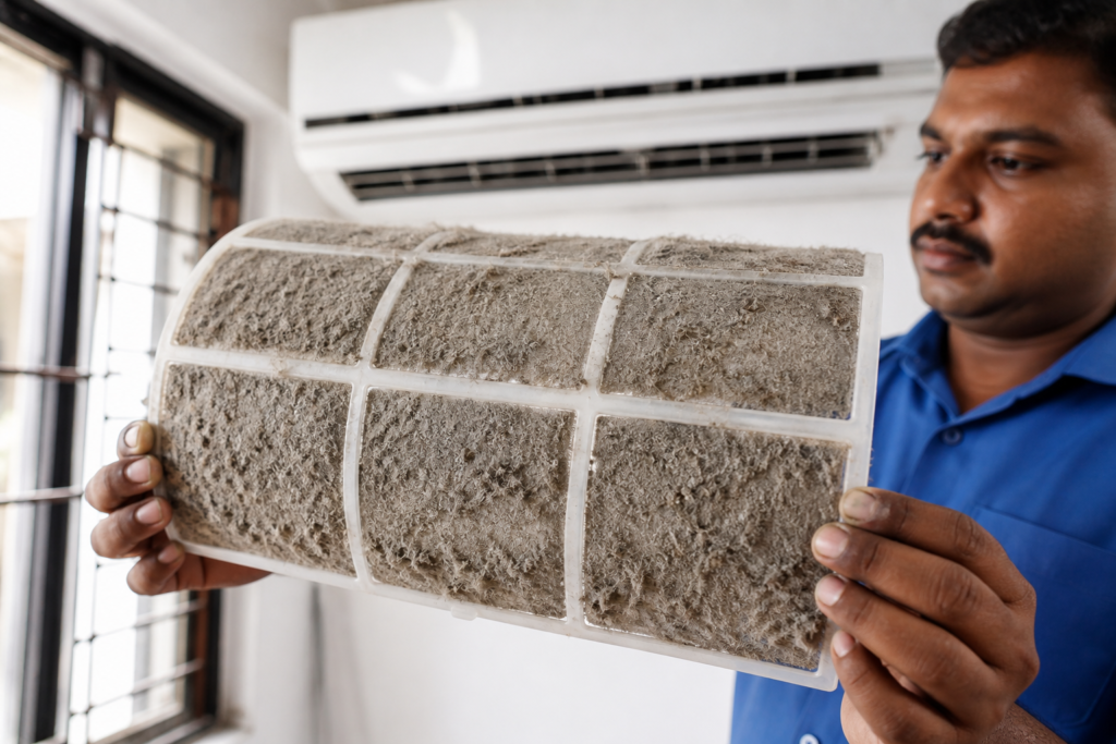 AC technician showing dust-clogged filter which causes AC not cooling in Kolkata