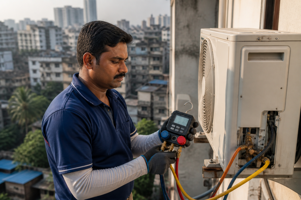AC technician checking refrigerant gas pressure to fix AC not cooling in Kolkata