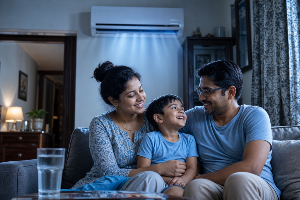 Happy family in cool room after AC not cooling in Kolkata problem fixed by One Point Solution