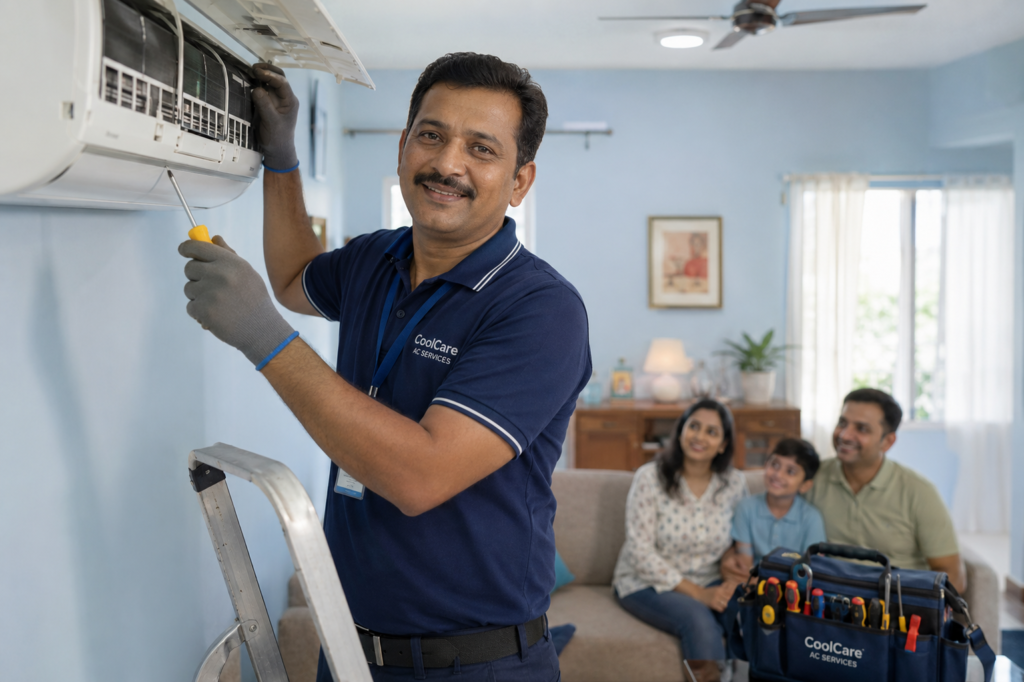AC service near me - professional AC technician servicing split AC at a Kolkata home 