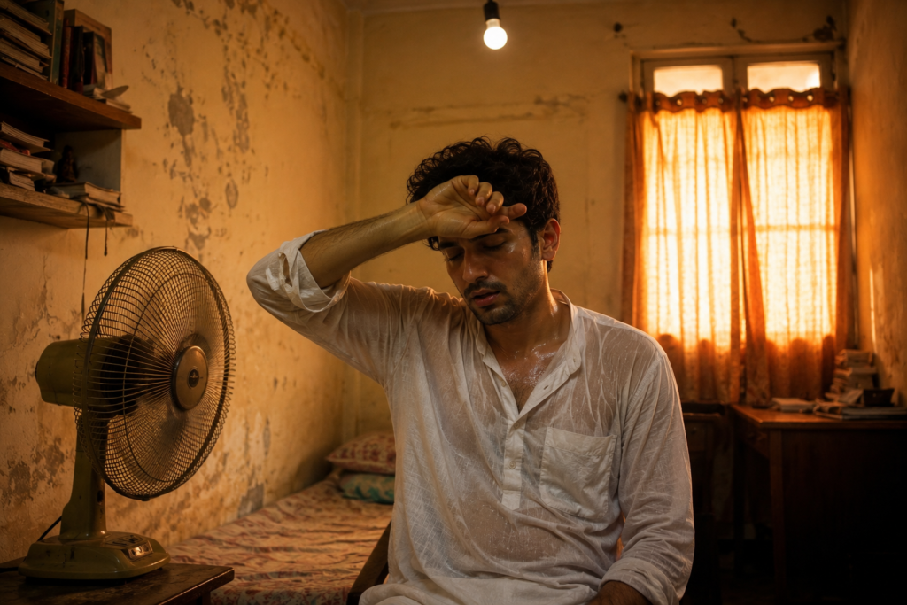 window AC in Kolkata - man struggling with heat in stuffy Kolkata apartment room with no AC during peak summer