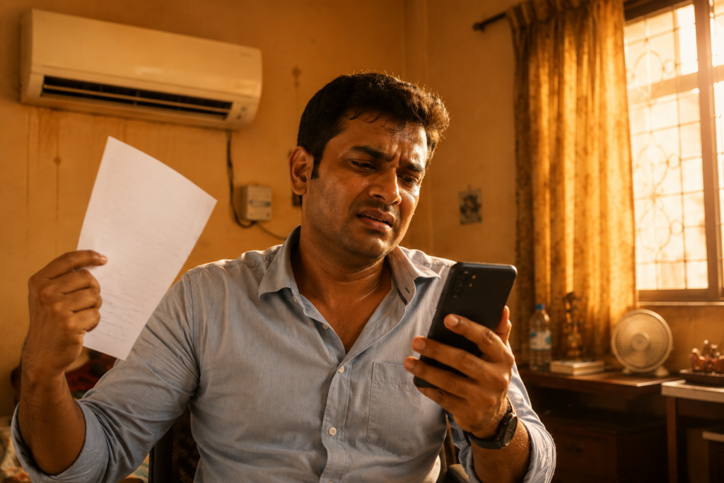 Man frustrated due to AC not cooling needing AC gas refilling in Kolkata during summer heat.